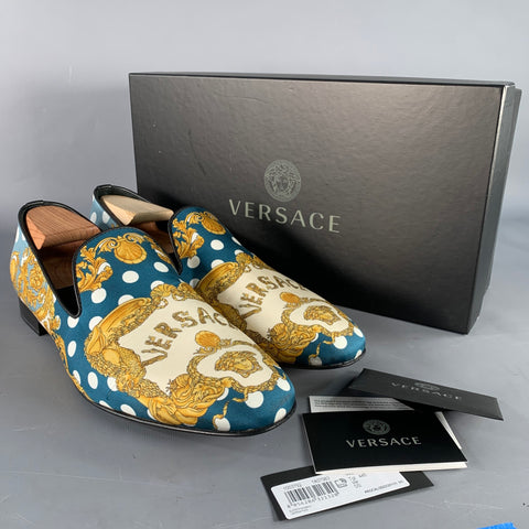VERSACE Size 11 Green Gold Twill Baroque Slip On Loafers