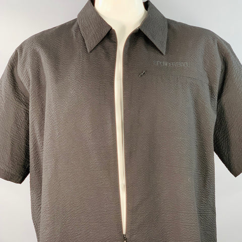 SPENCER BADU Size L Black Seersucker Cotton Oversized Zip Up Short Sleeve Shirt