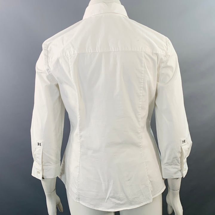 CAROLINA HERRERA Size 14 White Cotton Blend 3/4 Sleeves Spread Collar Shirt