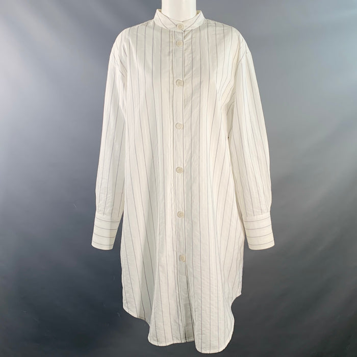 ACNE STUDIOS Size S Diede Textured White Navy Cotton Stripe Collarless Midi Dress