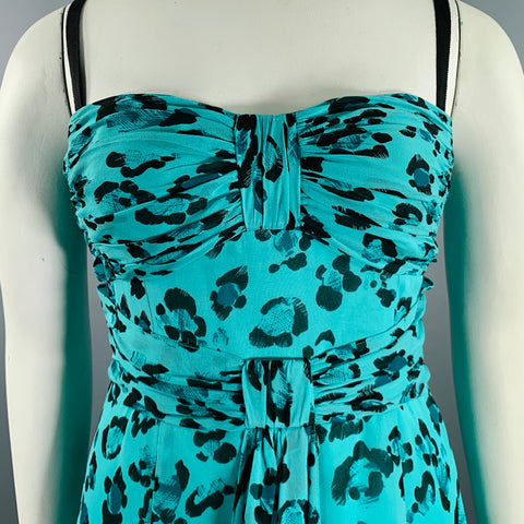 NANETTE LEPORE Size 10 Black Turquoise Silk Animal Print Ruched Dress