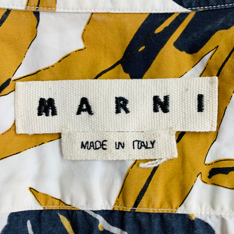 MARNI Taille XS Chemise manches courtes en coton à boutonnage avec motif feuilles blanches, kaki et noires