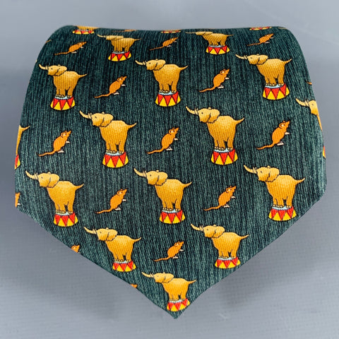 HERMES Green Beige Elephant Circus 7681 TA  Silk Tie