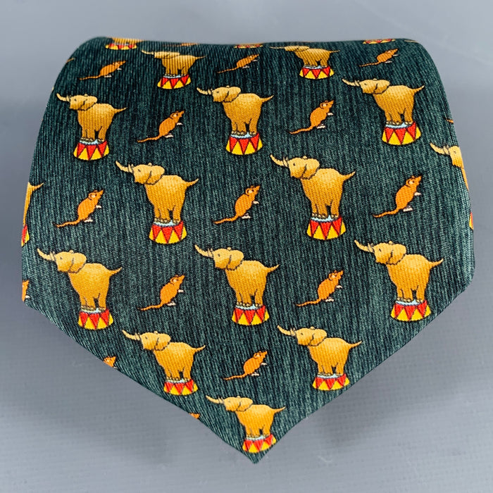 HERMES Green Beige Elephant Circus 7681 TA  Silk Tie
