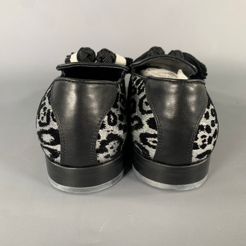 JIMMY CHOO Foxley Size 7 Silver Black Medusa Jacquard Tassels Loafers