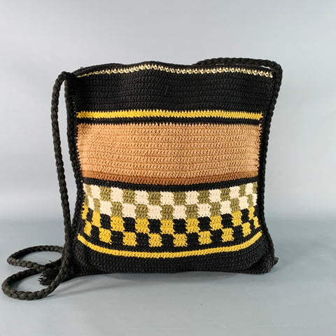 STORY MFG. Black Beige Crochet Cotton Logo Mixed Patterns Crossbody Bag