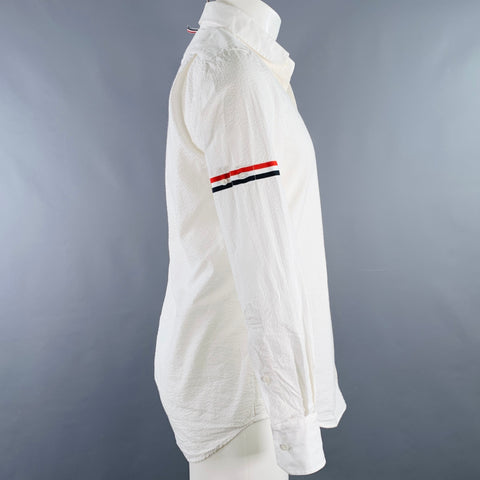 THOM BROWNE Size S White Red Navy Seersucker One Pocket Long Sleeve Shirt