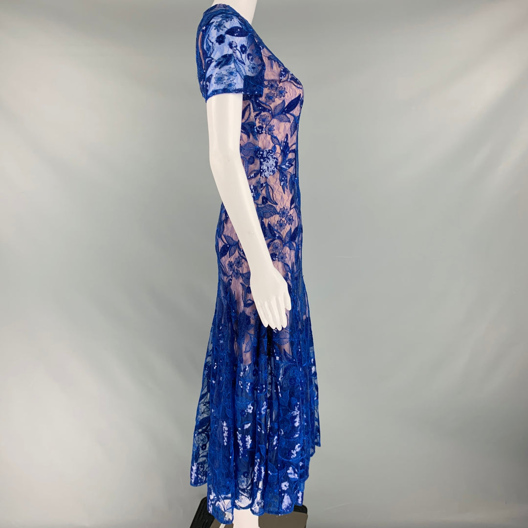 COSTARELLOS Size 4 Blue Nude Polyester Blend Floral Sequined Midi Cocktail Dress