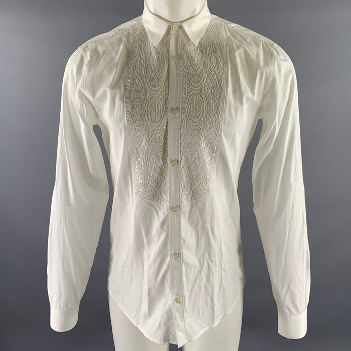 JUST CAVALLI Size M White Cream Cotton Sequined Long Sleeve Shirt