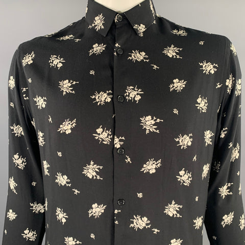 THE KOOPLES Size L Black White Floral Viscose Long Sleeve Shirt