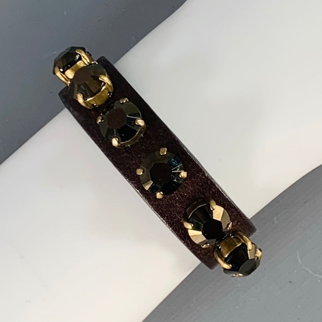 RONALD PINEAU Brown Gold Rhinestones Leather Buckle Bracelet