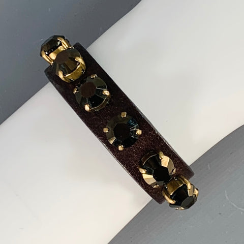 RONALD PINEAU Brown Gold Rhinestones Leather Buckle Bracelet