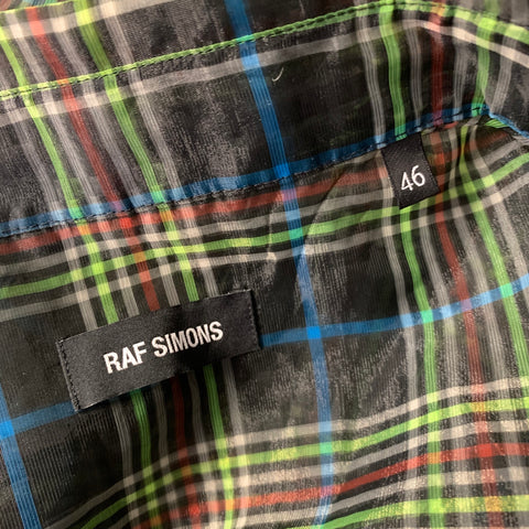 RAF SIMONS Size XS Navy Green Plaid Polyester Oversized Short Sleeve Shirt