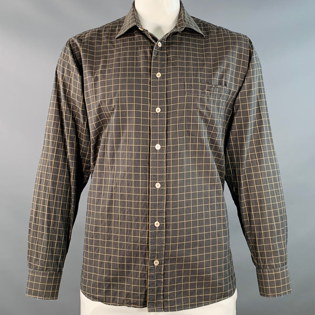 BURBERRY LONDON Size L Grey Mustard Window Pane Cotton Long Sleeve Shirt