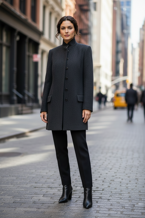 THE ROW Size 4 Aimon Black Charcoal Wool Paper Nehru Collar Hidden Buttons Jacket