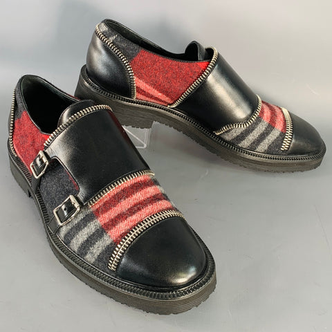 GIUSEPPE ZANOTTI Size 11 Black Red Plaid Leather Monk Strap Loafers Shoes