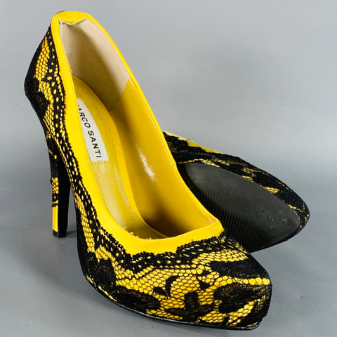 MARCO SANTI Size 6.5 Victoria Black Yellow Lace Stiletto Pumps