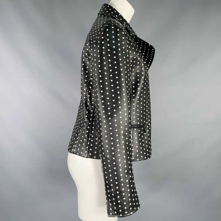 AKRIS Size 8 Black White Lambskin Leather Polka Dot Biker Jacket
