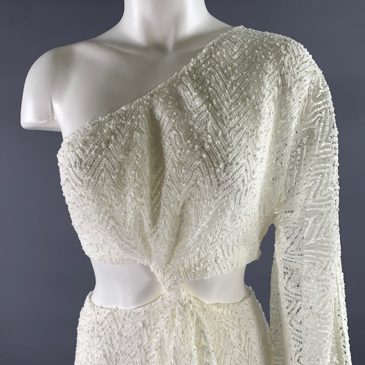 RAMY BROOK Size M White Polyester Chevron One Shoulder Mini Dress