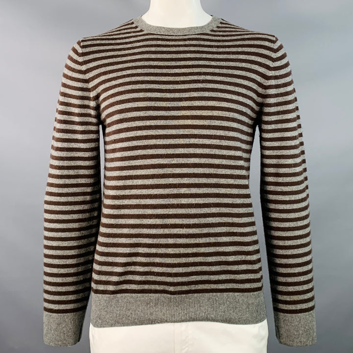 A.P.C. Size L Charcoal Grey Brown Cashmere Stripe Crew Neck Sweater