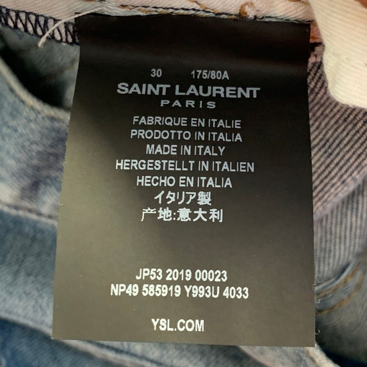 SAINT LAURENT Size 30 Blue Distressed Cotton Blend Twill Slim Tapered Jeans