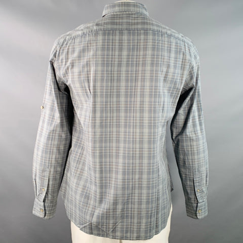 JOHN VARVATOS * U.S.A. Size L Blue Brown White Plaid Cotton Button Down Collar Roll Tab Long Sleeve Shirt