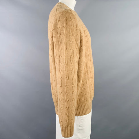 BROOKS BROTHERS Size L Camel Cable Knit Wool Crew Neck Sweater