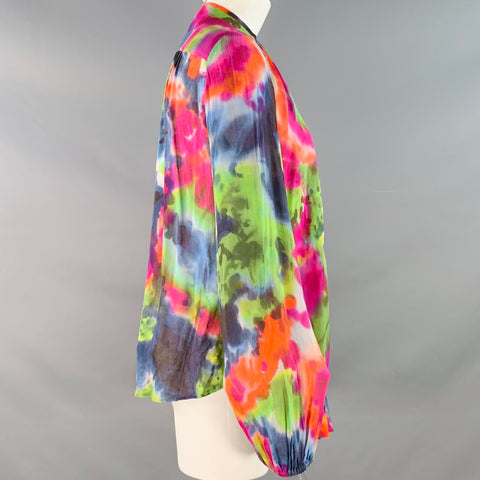 PLEIN SUD Size 6 Multi Color Silk Tie Dye V-Neck Peasant Blouse Casual Top