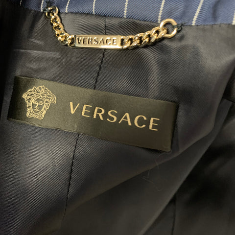 VERSACE SS2013 Size 4 Blue White Viscose & Cupra Pinstripe Notch Lapel Dress & Blazer Set