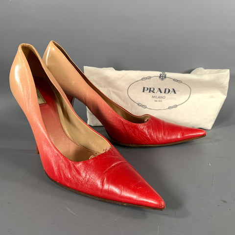 PRADA Size 8.5 Red Camel Leather Ombre Pointed Toe Pumps