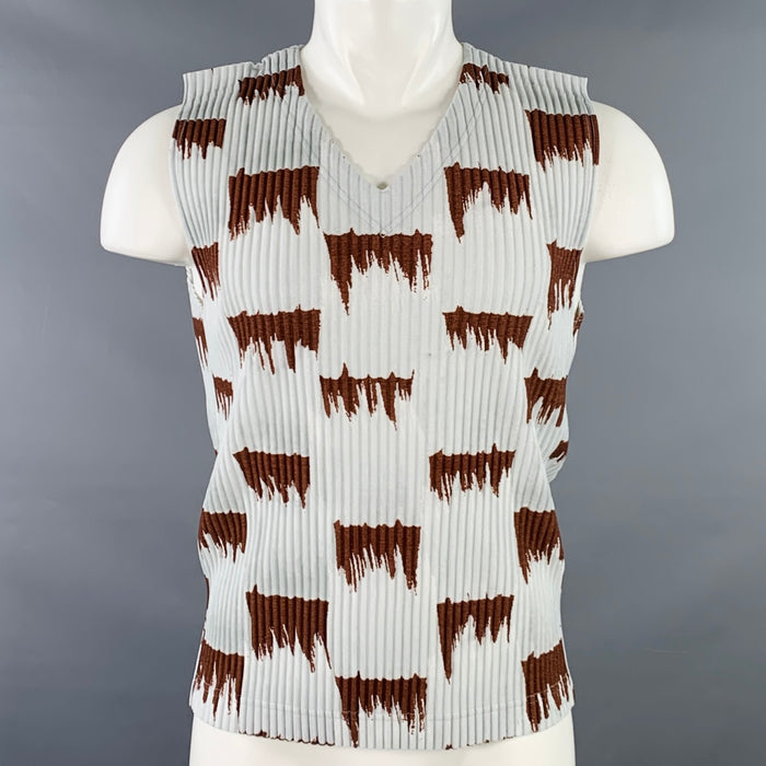 ISSEY MIYAKE HOMME PLISSE Size M Grey Brown Pleated Abstract Polyamide V-Neck Vest