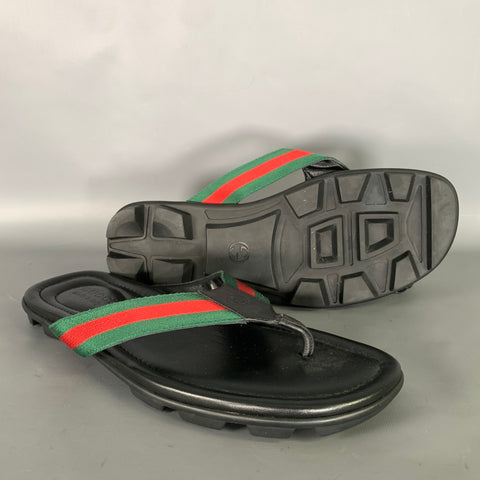 GUCCI Size 10.5 Black Green & Red Stripe Leather Thong Sandals