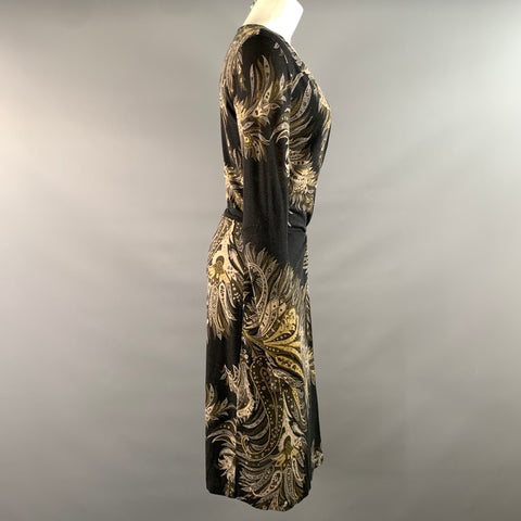 ETRO Size 6 Black Cream Wool Blend Paisley V Neck Knee Length Dress