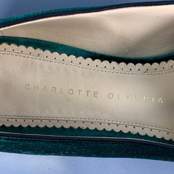 CHARLOTTE OLYMPIA Size 8.5 Green Gold Velvet Embroidered Kitty Slip On Flats