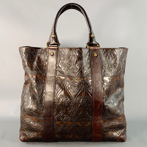 LIBERTY OF LONDON Brown Gold Embossed Leather Oversized Tote Handbag