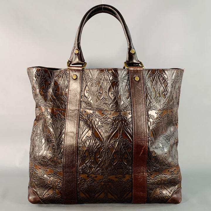 LIBERTY OF LONDON Brown Gold Embossed Leather Oversized Tote Handbag