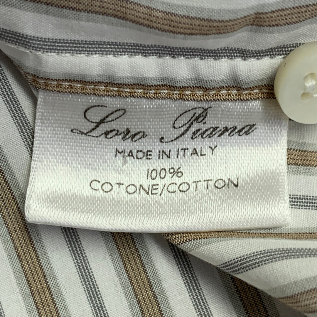 LORO PIANA Size L White Tan Grey Stripe Cotton One Pocket Long Sleeve Shirt