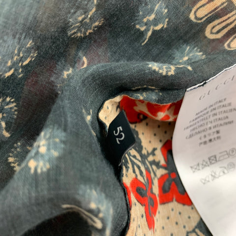 GUCCI Size L Gray Red Khaki Print Cotton Nehru Collar Long Sleeve Shirt