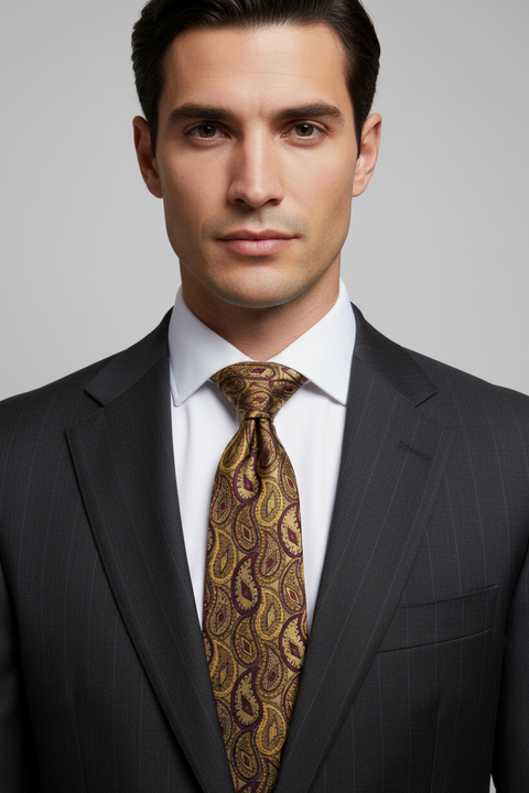 CHANEL Taupe Burgundy Paisley Silk Tie