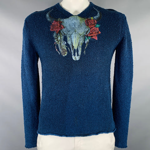 KLURK Size L Blue Multi Color Graphic Wool V-Neck Sweater
