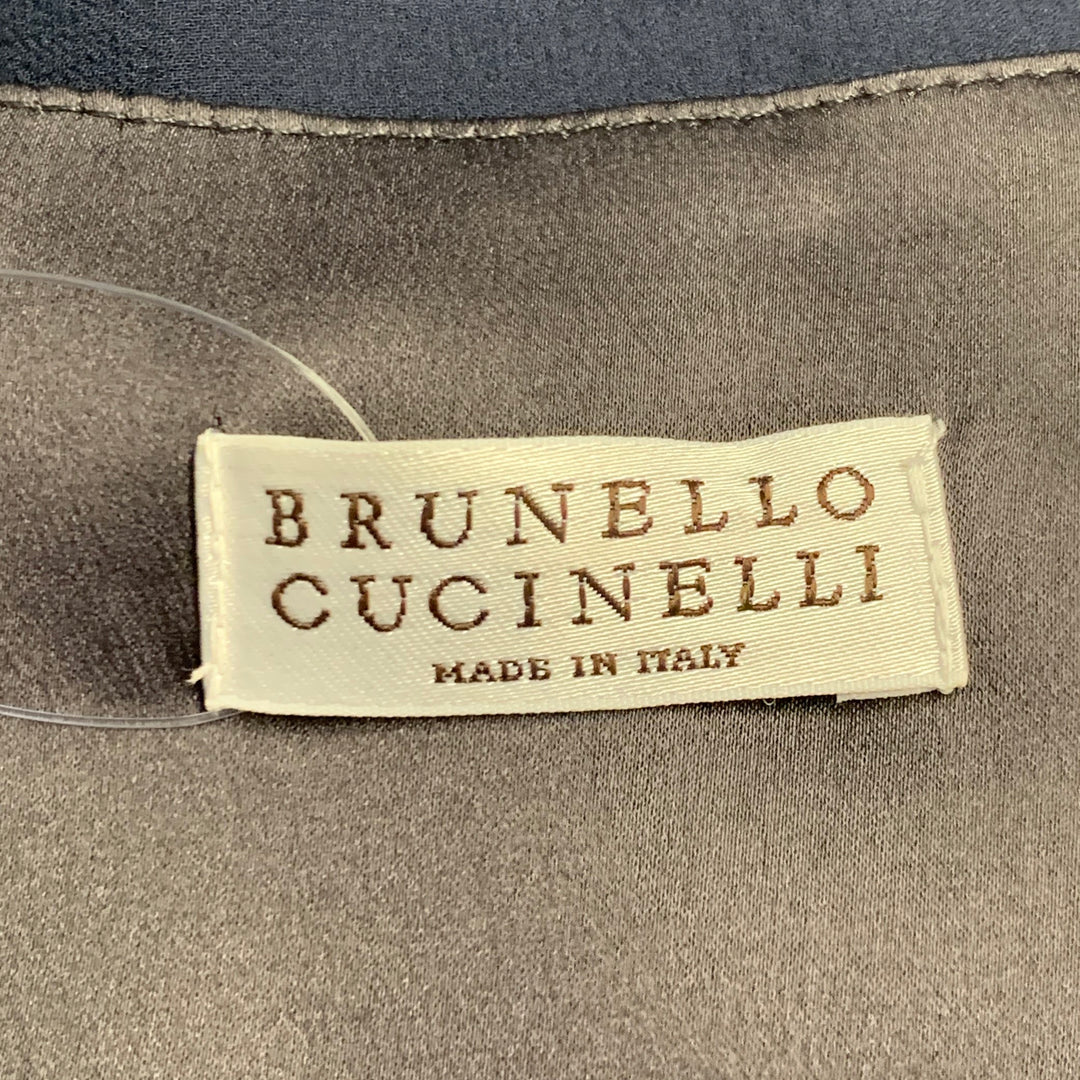 BRUNELLO CUCINELLI Size S Navy Black Chiffon Two Tone Monili Beading V-Neck Blouse