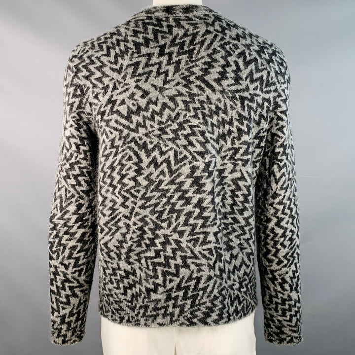 SAINT LAURENT 2019 Size L Grey Black Zig Zag Wool Blend Crew Neck Sweater