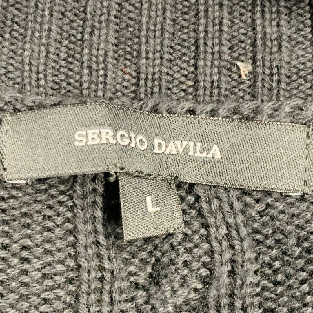 SERGIO DAVILA Size L Black Cable Knit Cotton V-Neck Cardigan