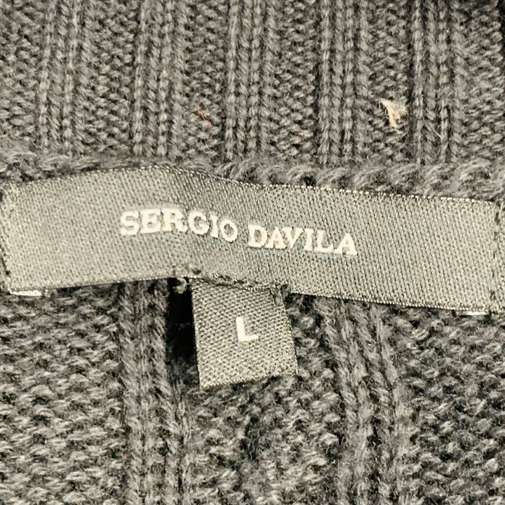 SERGIO DAVILA Size L Black Cable Knit Cotton V-Neck Cardigan
