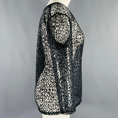 SAINT LAURENT Size S Black Lyocell Blend See Through Animal Print Casual Top