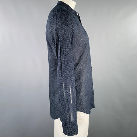 JOHN VARVATOS Size L Navy Grey Cross Cotton Collarless Long Sleeve Shirt