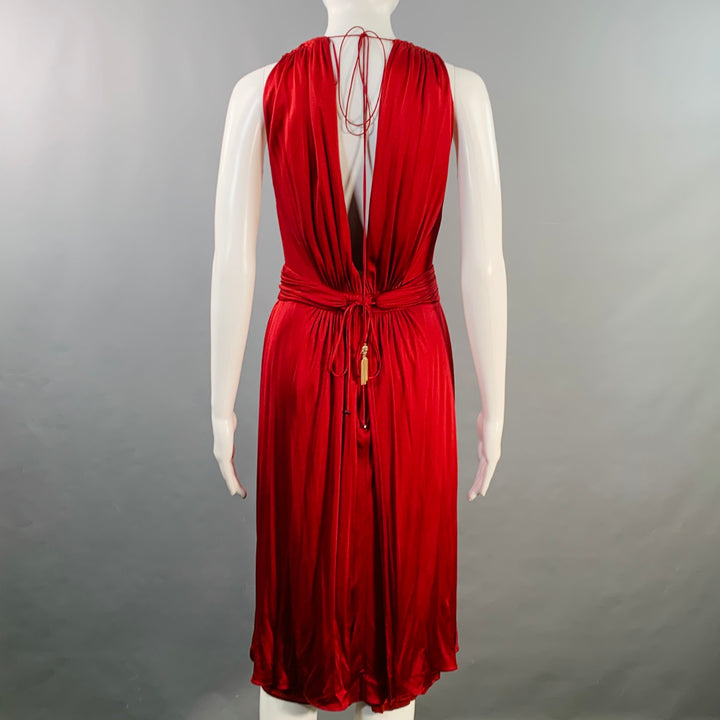AZZARO Size 6 Woven Venus Red Viscose Plunging V-Neck Knee Length Cocktail Dress