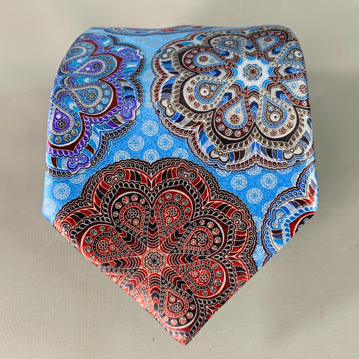 ERMENEGILDO ZEGNA Blue Grey Abstract Floral Silk Satin Tie