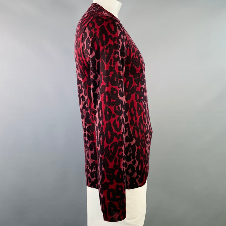 BURBERRY Size XL Red Black Pink Animal Print Wool Silk Crew Neck Pullover