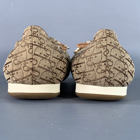 CHRISTIAN DIOR Size 9.5 Tan Brown Canvas Oblique Monogram Slip On Bow Flats